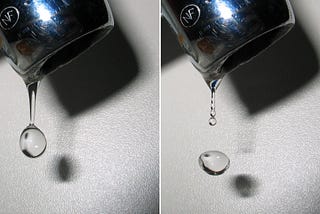 Sequence of two images capturing a drop of water detaching from the nozzle of a faucet.