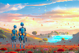 A painting of two robots staring into the future