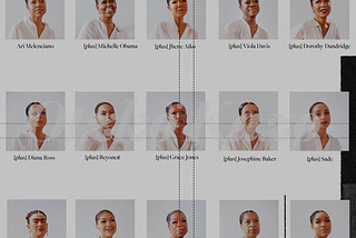 Grid of predominately Black women, artificially rendered from the foundation of my own face/identity to explore our new identities.