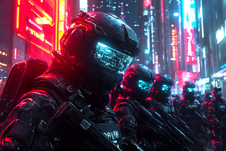 A group of futuristic soldiers gathered in a brightly lit city at night with their visors displaying information in blue.