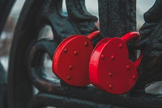 An extreme close-up of a wrought-iron gate, secured by two bright red locks.