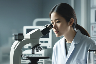 Female scientist inspects a medical device coating substrate through a microscope.