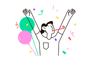 Drawing of a person raising both hands and blowing a party horn in celebration.