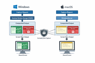Diagram showing how Windows DWM and macOS WindowServer handle screen capture requests, with content-protected windows being excluded from the composited output
