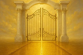 A glowing celestial scene depicting a radiant pearly gate at the end of a golden street. The gate is framed by marble columns and intricate ironwork, set against a luminous sky filled with golden light and soft clouds.