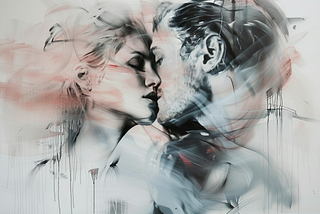 Abstract painting depicting a man and a woman about to kiss, surrounded by dynamic, flowing streaks of paint in shades of pink and gray, creating a sense of movement and emotion
