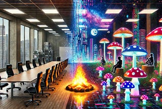 A large campfire burns in the center of the image, with an upscale but drab corporate conference room to the left, and an imaginative glowing mushroom forest at night on the right.