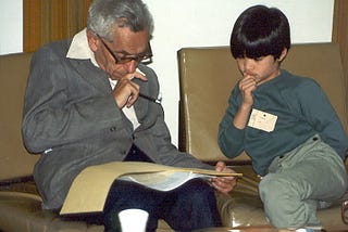 Erdős influenced many young mathematicians, including Terence Tao, who went on to receive received the Fields Medal in 2006, and was elected a Fellow of the Royal Society in 2007. Photo taken in 1985 at the University of Adelaide, by either Billy or Grace Tao.