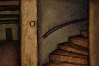 A winding staircase, in a dimly lit interior.