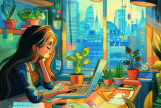 Vibrant illustration of a young white woman with dark blonde hair sat at a desk, typing on a laptop. There’s a city skyline view through the window beside her. There are plants on a shelf behind her and papers scattered over the desk.