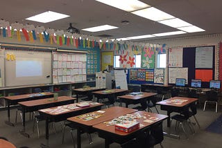 A photo of a elementary ESL classroom with lots of manipulatives and colorful posters