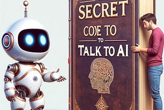 A person looking puzzled while holding a large, ancient book titled ‘The Secret Code to Talk to AI’, standing in front of a welcoming AI robot ready to converse without the need for any special codes. The scene humorously highlights the absurdity of prompt engineering.