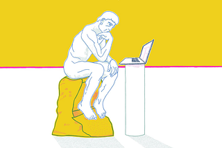 An illustration of Rodin’s, The Thinker, with a laptop placed in front of the man.
