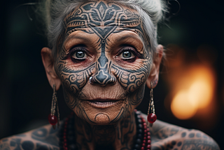 A short white-haired woman with tattoo on her face looks at the camera. She has bright eyes.