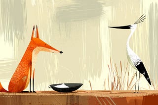 A red fox sits on a rock to the left of a white stork. Between them is a bowl filled with milk.