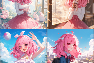 A pink hair girl in 4 different scenes