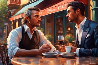 Amidst the clatter of the alleyway, a waiter, gracefully balancing trays, weaved through the tables outside a quaint cafe. His attentive gaze caught a glimpse of a distinguished figure, emanating an air of success. Their eyes met fleetingly, like a silent conversation amidst the urban symphony.