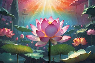 An illustration of lotus flowers, one in the front and a few open and a few beginning to bloom in the background above them all is a bright light of all colors