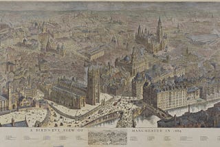 Coloured view of the city of Manchester drawn from an elevated viewpoint. The Town Hall, Manchester Cathedral and other key buildings of architectural significance are emphasised. The streets are bustling with people.