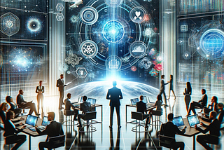 Here is an image that represents the dynamic and innovative spirit of digital transformation in business, akin to what Asgard Technologies embodies. This visual captures the essence of modern corporate innovation, featuring a diverse group of professionals around a holographic display of advanced technologies. It symbolizes the energy, forward-thinking approach, and collaborative spirit central to technological advancement and strategic business planning.