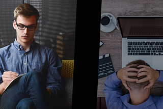 Image: A thriving entrepreneur on the left and a burnout, struggling entrepreneur on the right, illustrating the importance of self-care in entrepreneurship.