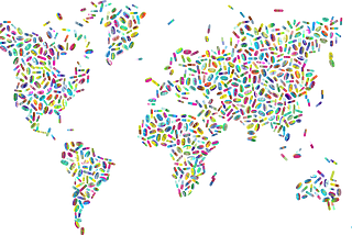 A map of the world created using different coloured pills of various shapes and sizes.