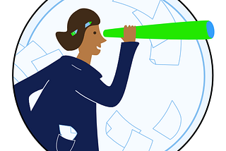 Illustration of a female scientist in a lab coat looking through a looking glass, with sheets of papers flying in the background.