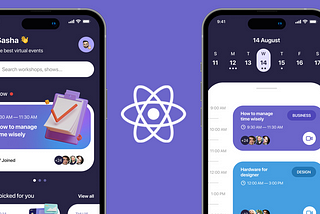 Two iphone devices with purple UI interfaces and React logo