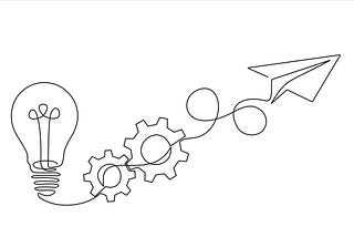 Line drawing of a lightbulb into gears into a paper airplane