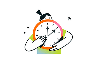 A character holds a clock on a white background
