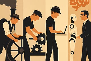 IMAGE: A timeline-style illustration showing workers evolving from operating steam machines to collaborating with a humanoid robot, symbolizing the continuous transformation of human labor through technological progress
