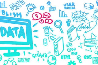 sketch style graphic with mini themed icons in blue to green including monitor, books, database icon, graphs, and some web technology text.