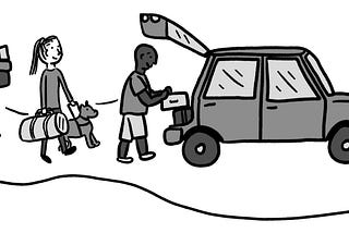 Illustration of 3 people packing suitcases into a car. One person has a dog on a harness and another person has a prosthetic leg.