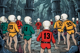 Numbered players in a squid game with bodies all around