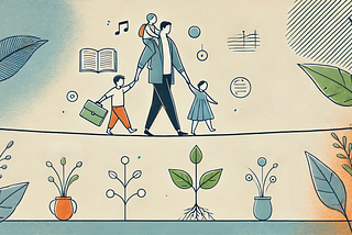 A minimalistic hand-drawn illustration of a father walking on a tightrope while holding the hands of a son and a daughter. The father is carrying symbols of personal growth, such as a book and musical notes. The background is simple, with a few sprouting plants and abstract symbols of joy, using soft colors like blues, greens, and oranges. The illustration emphasizes balance, family, and growth, with clean lines and minimalistic details to create a calm and nurturing atmosphere.