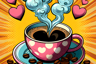 Bright coloured ink dot drawing of a pink coffee cup decorated with hearts, exploding with love.