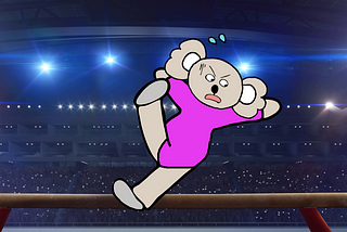 This image shows an animated character, styled like a monkey, performing a gymnastics routine on a balance beam. The character is wearing a bright pink leotard and has an expressive face showing determination or frustration. The background features a large sports arena filled with an audience under bright lights.