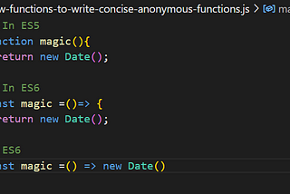 Image describes a code snippet showing the differences in syntax between arrow function feature ion ES6, and its ES5 alternative.