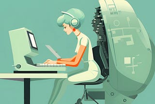 An illustration of a woman in a retro-futuristic style sitting at a desk and typing on a computer