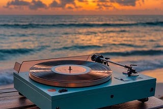 The image is of the shoreline of an ocean at sunset. In front of the water is a small record player sitting on a wooden table. On it is a blue record player with a vinyl album sitting on it.
