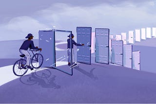 A Black man cycles and then walks through a series of several closed, white doors.