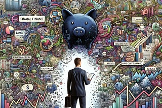 The illustration depicting a non-finance professional standing in front of a complex mural filled with financial symbols and terms, holding a guidebook that simplifies the financial landscape. This image symbolizes the demystification of financial reports, making them accessible and understandable.