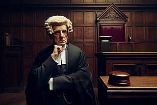 A distinguished barrister stands in court with his chin on his hand in contemplation