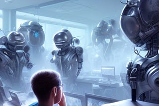 A picture of students looking at anthropomorphized computers.