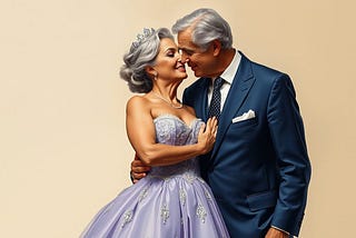 Image shows an older man in a suit and an older woman in a ballgown and a tiara on her hair, hugging and looking into each other’s eyes.