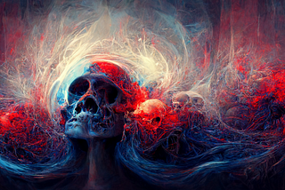 Created with Midjourney from this prompt: the sound of anxiety screaming inside my skull for eternity, fractal, crimson and cerulean — v 3 — ar 16:9