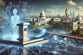 A digital landscape with glowing circuits and data streams representing AI security. A futuristic podium in the foreground signifies public speaking. The background transitions from Washington D.C.’s Capitol Building to London’s Parliament, illuminated by a soft neon glow. The color palette features blue, silver, and neon accents in a dynamic, modern style.