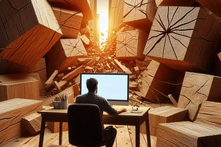 A man sitting at a desk, staring at a computer screen, surrounded by large wooden blocks, with cracks visible in one behind him.