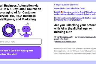 The landing page of email course on small business automation via ChatGPT