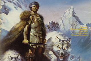 Cover of Swordthrust. A white man with black hair stands on a snowy mountain, wearing armor and furs and holding a large dagger. He is flanked by three huge, fierce-looking white direwolves.